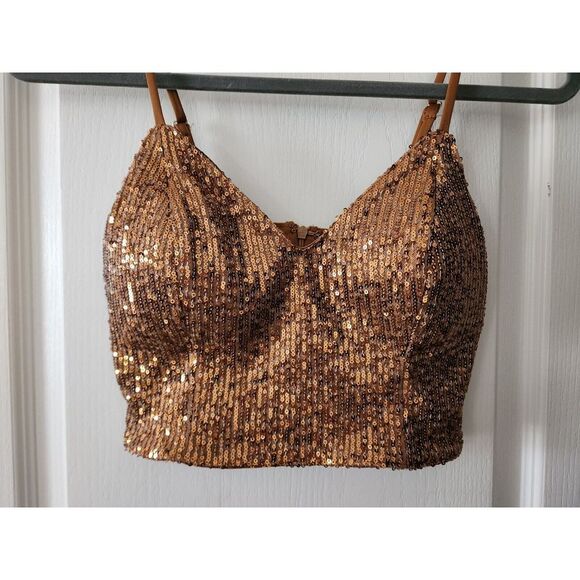 Guess Women's Sequin‎ Knit top V-Neck Spaghetti Strap Gold  Color Size XS - Picture 2 of 6